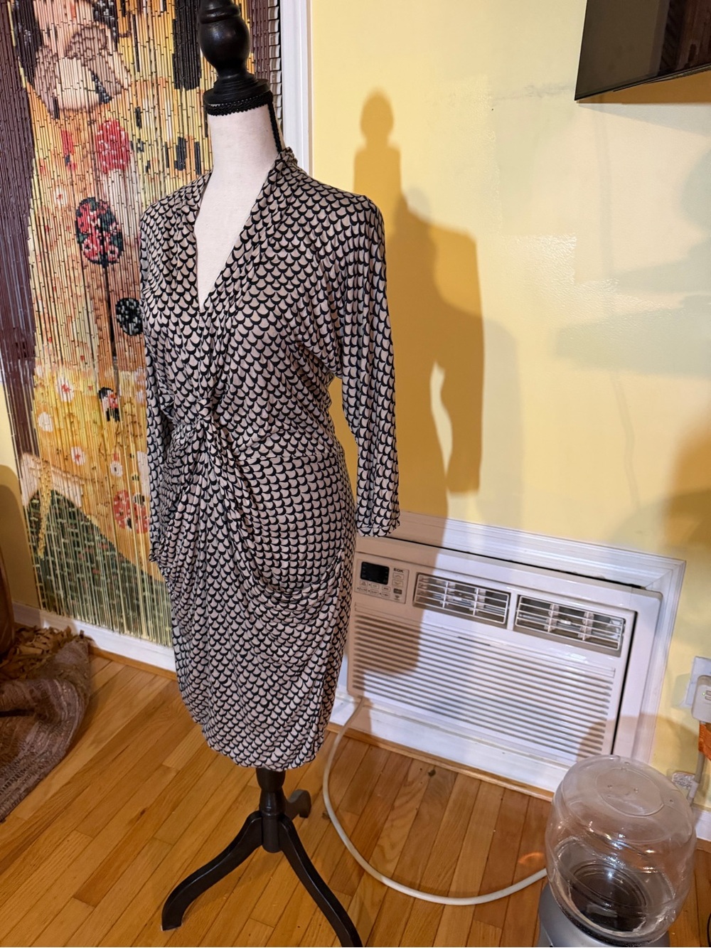 RACHEL Rachel Roy Black and White Printed Long Sleeve Faux-Wrap Dress
